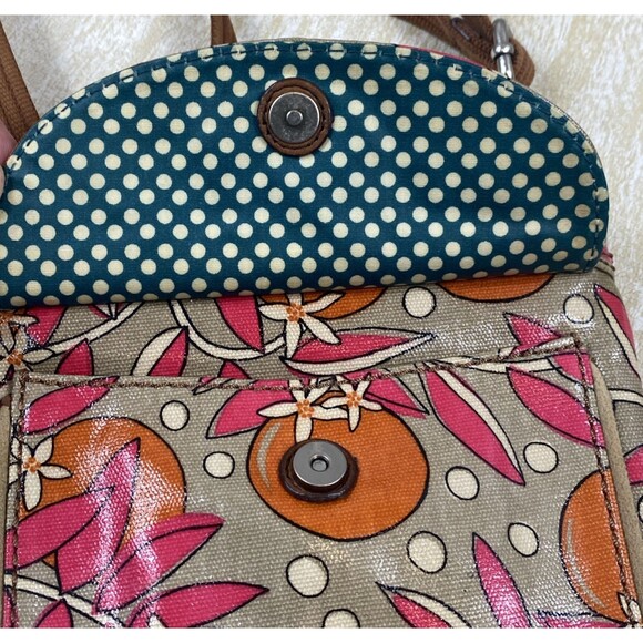 Fossil Key Per Crossbody Bag Coated Canvas Floral Orange Pink Tan VTG Y2K Boho - Picture 4 of 8